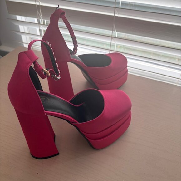 Hot Pink Satin Platform Heels - Picture 4 of 7